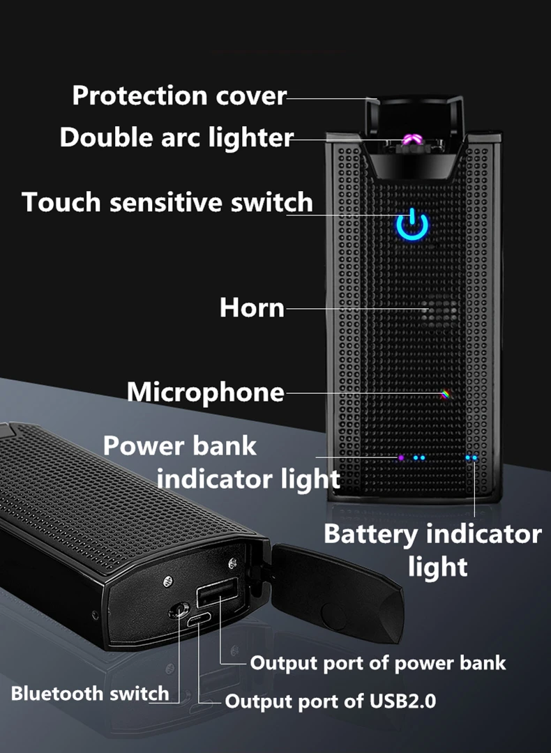 Двойная дуга Электронная зажигалка с Bluephone power bank звук USB перезаряжаемая ветрозащитная беспламенная электрическая зажигалка