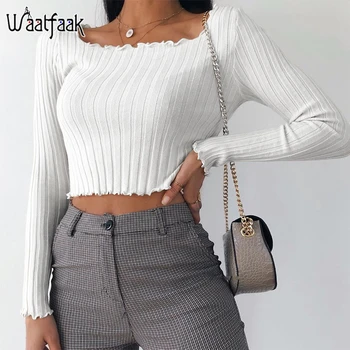 

Waatfaak Solid White Basic Long Sleeve Cotton Tshirt Woman Casual Elegant Square Collar Tee Shirt Ladies Autumn T Shirt Crop Top