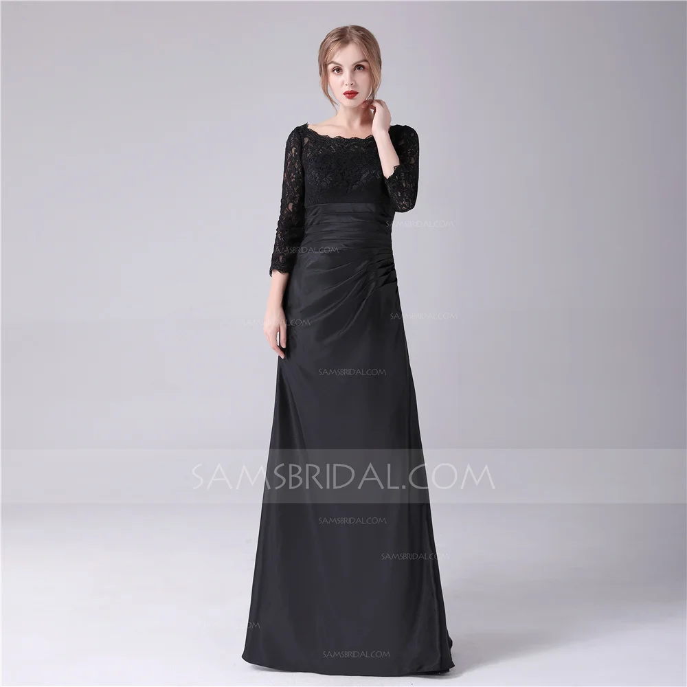 Sheath / Column Jewel Floor-length Chiffon Lace Evening Dress with Ruched Side-Draped