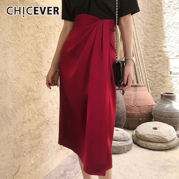 

CHICEVER Vintage Irregular Side Split Skirt Women High Waist Asymmetrical Ruched Skirts For Female Fashion 2020 Clothing New