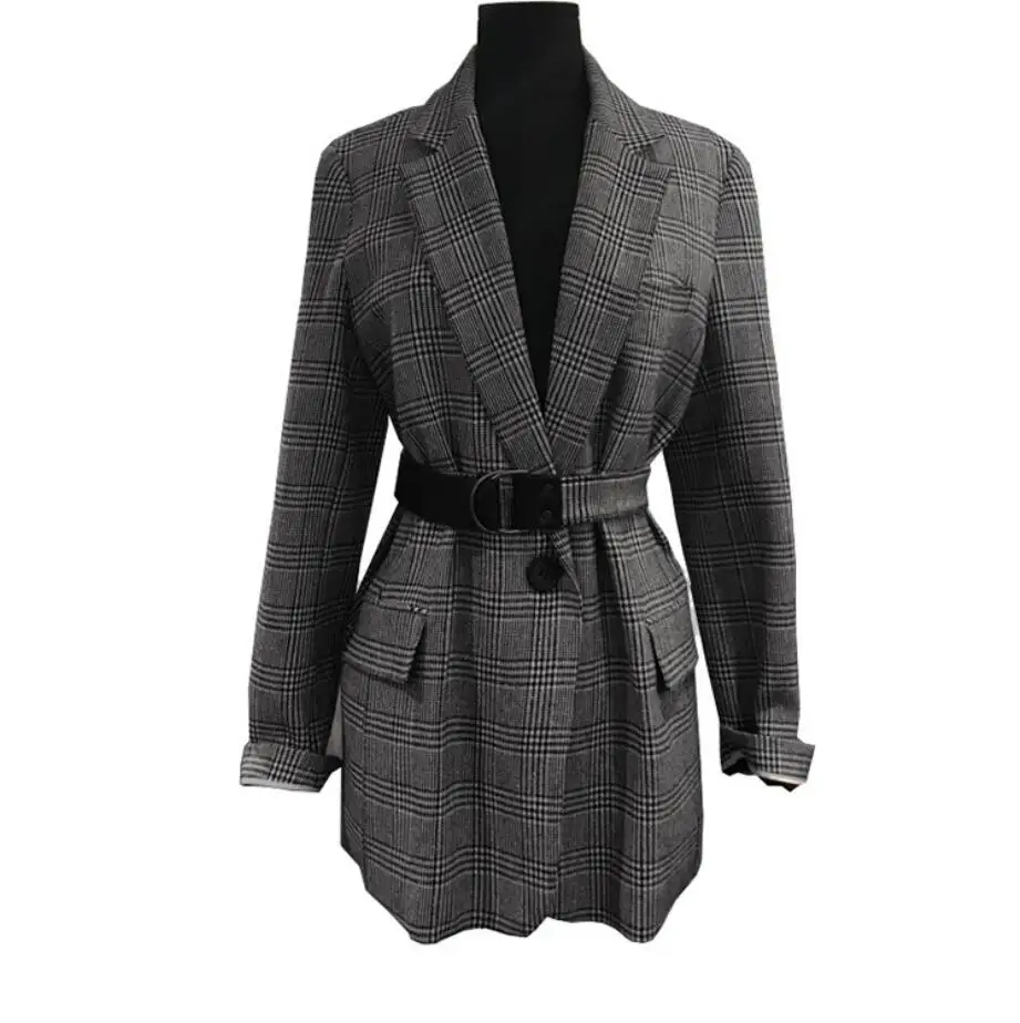 plaid Осенний корейский женский ретро клетчатый маленький костюм куртка Женская мода OL Однобортный блейзер с поясом r1767 - Цвет: plaid