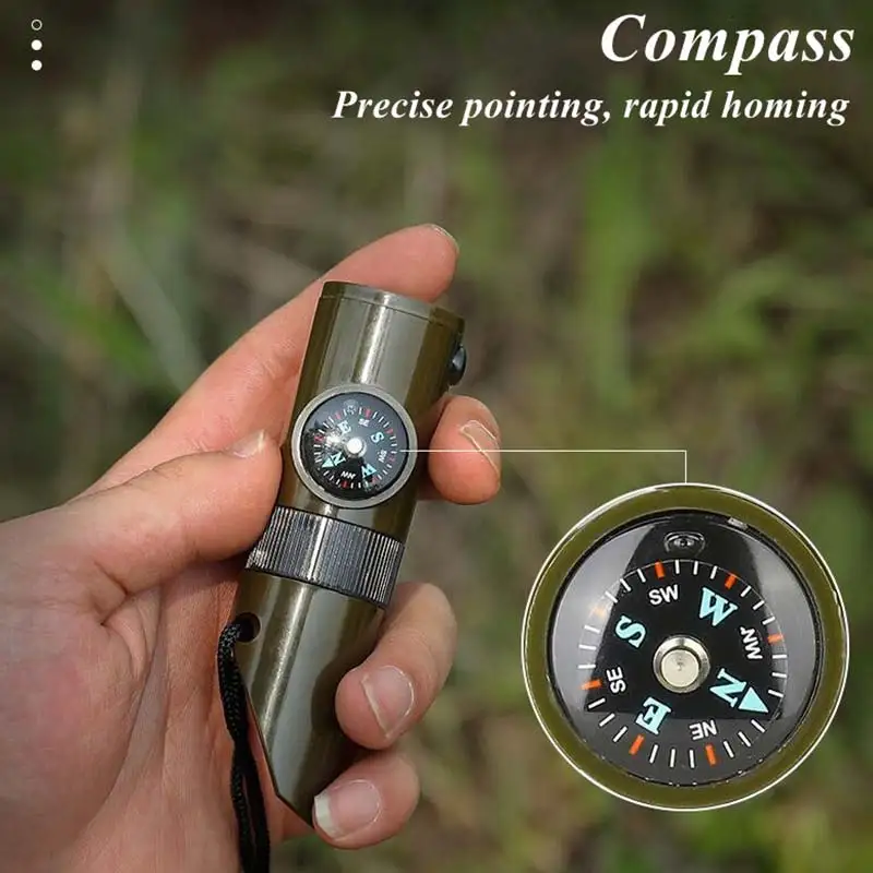 7in1 Emergency Survival Whistle Compass Multifunction Tool Magnifier Flashlight Storage Container Thermometer for Camping Hiking