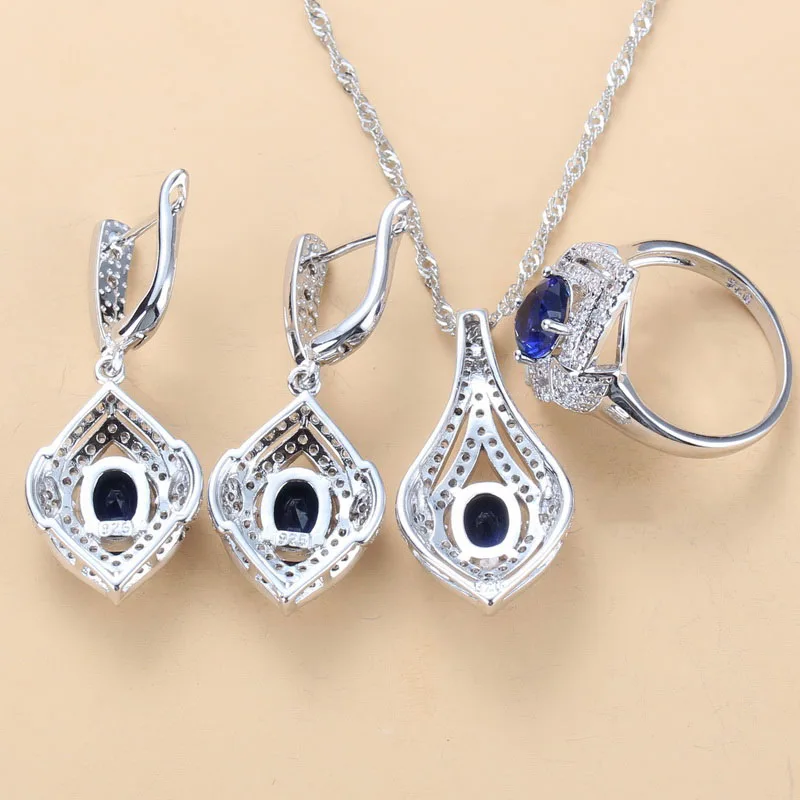 Bridal 925 Sterling Silver 3PCS Jewelry Sets With Natural Blue Stone CZ Earrings Necklace And Ring Sets For Women Costume