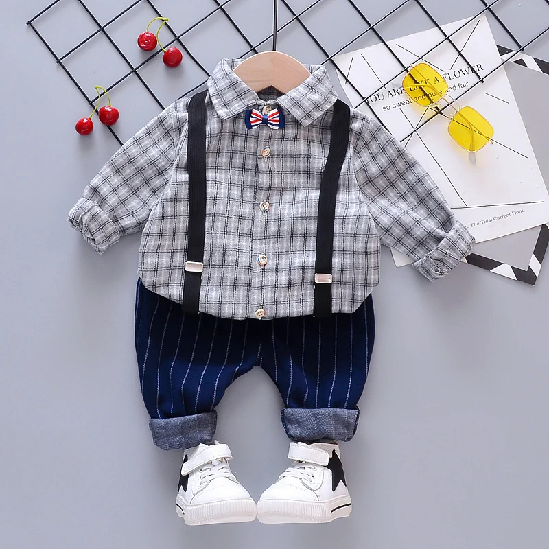 

Autumn Toddler Infant Clothing Sets Baby Boys Suits Gentleman Plaid Tie Shirt Strap Pants Children Kids Clothes Casual Costume
