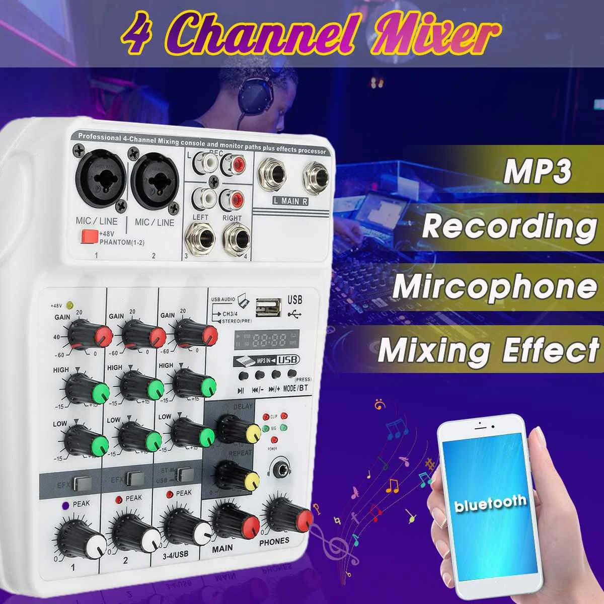 

TU04 BT 4 Channel Sound Mixing Console Record 48V Phantom Power Monitor AUX Paths Plus Effects Audio Mixer with USB