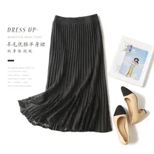 Юбки трапециевидной формы, Женская Шерстяная трикотажная плиссированная юбка, тянущаяся на талии, эластичная зимняя длинная юбка с кружевом, женская одежда