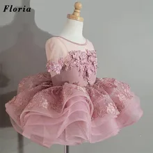 

Pink Princess Appliques Flower Girls Dresses 2022 Kids Pageant Gowns For Weddings Party Gowns Vestidos Mini Kids Communion Dress