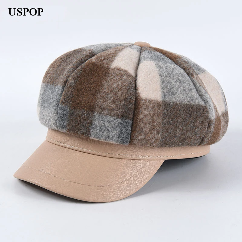 

USPOP 2019 winter wool hats plaid octagonal hats caps patchwork PU brim octagonal hats wool newsboy caps thick warm visor caps
