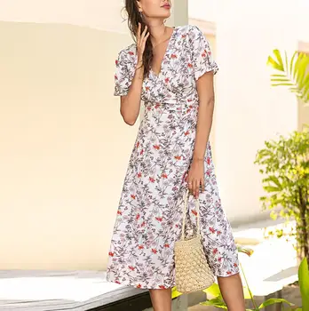 

Chic Floral Print High Waist Chiffon Dress Women Sundress V-Neck Short Sleeve Open Hem Lace Up Summer Beach Dresses #20