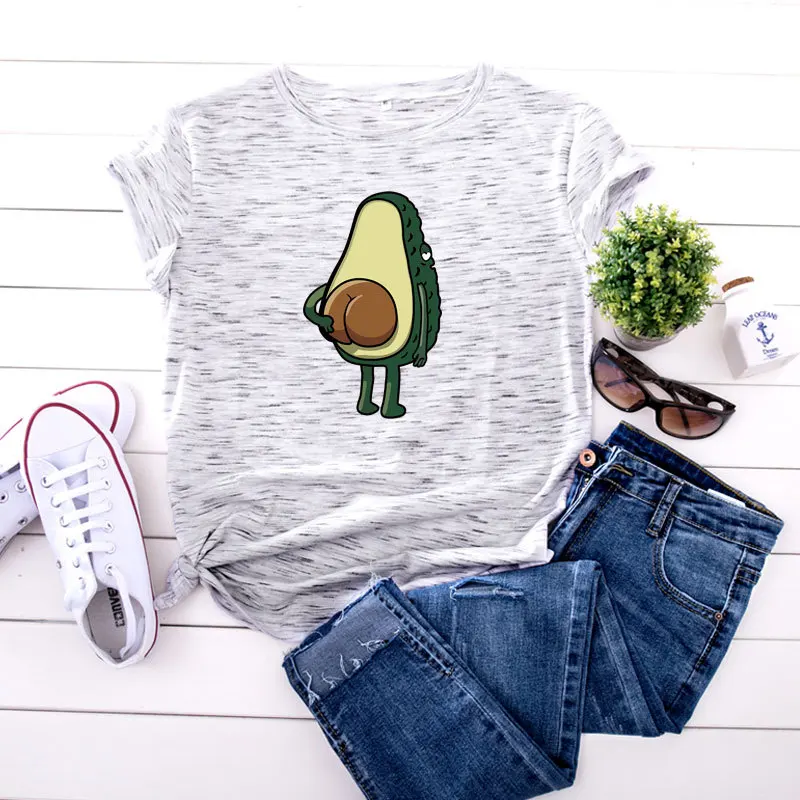 XXXXXL Women Summer Tshirt Cotton Avocado Print T-Shirt Short Sleeve O-Neck Tee Shirt Plus Size Pink Tee Top Korean Style - Цвет: Серый