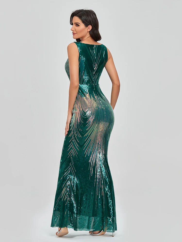 XUCTHHC O-neck Sleeveless Shinning Sequins Elegant Mermaid Evening Dress Women Formal Floor Length Party Prom Gowns Stretch Robe green evening dress