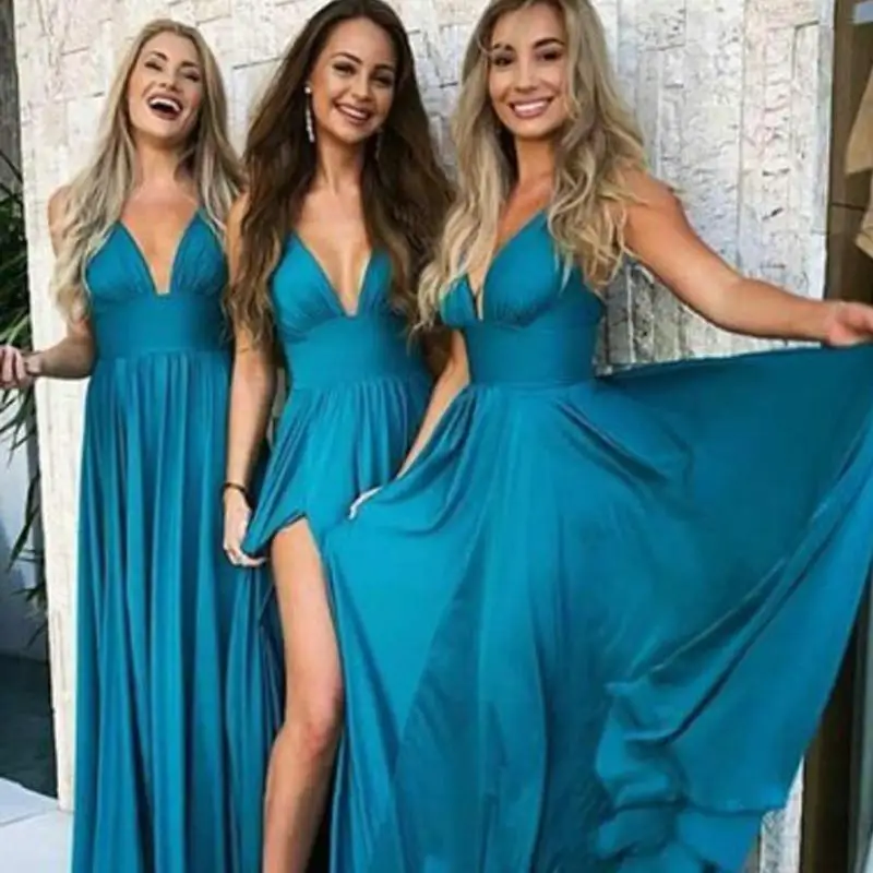 Teal Blue Chiffon Land Bruidsmeisjekleding Lange Sexy Diepe V-hals volledige lengte zomer strand maxi partij jurken backless Teal Blue Chiffon Land Bruidsmeisjekleding Lange Sexy Diepe V-hals volledige lengte zomer strand maxi partij jurken backless