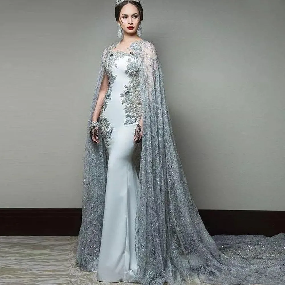 

2024 Newest Abric Mermaid Evening Dresses with Lace Cape Sleeve Jewel Formal Prom Wear Sweep Train Celebrity Gowns