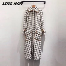 LINGHAN модное клетчатое шерстяное твидовое пальто женское с длинным рукавом тонкое дикое длинное пальто Верхняя одежда дизайнерская осень зима Подиум Новинка