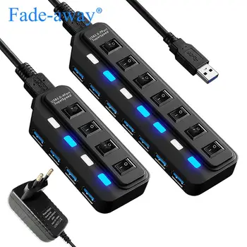 

USB HUB 3.0 4 7 Ports with Power Switch LED Multiple USB Splitter US/EU/AU/UK Power Adapter for Laptop PC Computer Accessories