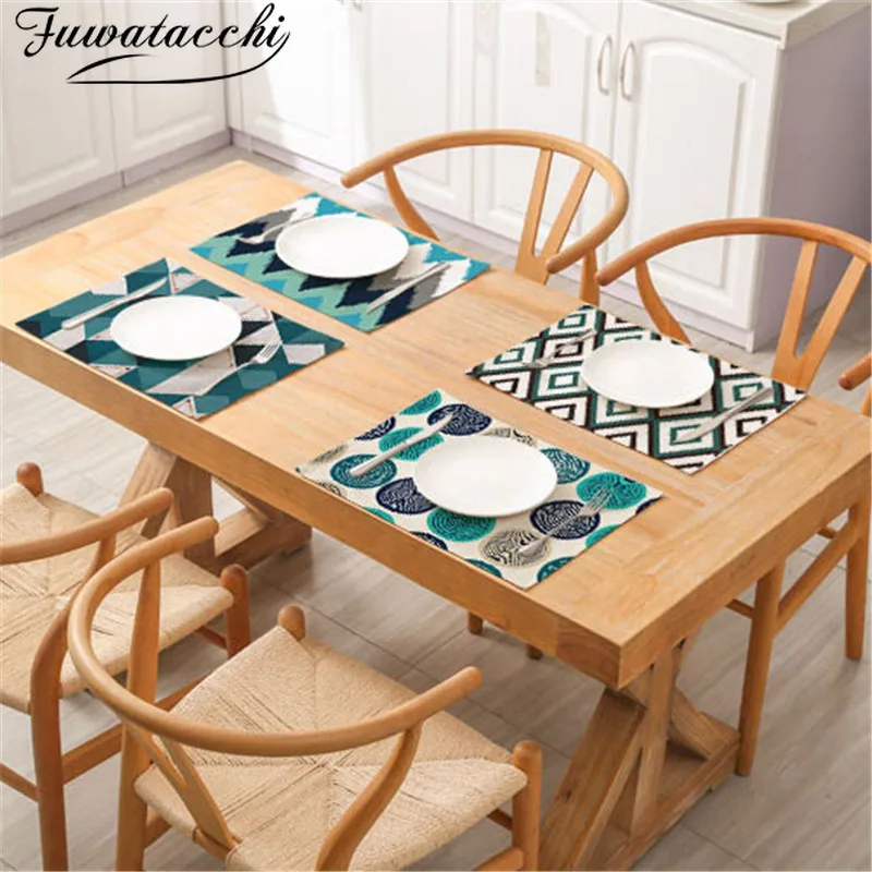 

Fuwatacchi Geometric Patterns Placemat Green Simple Table Napkins Dining Table Mat Bowls Drink Coasters Kitchen Accessories