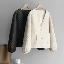 2021 New Winter Plaid Cotton-padded Jacket V-neck Thin Casual Relaxed Slim Korean Parka Coat Female 7515