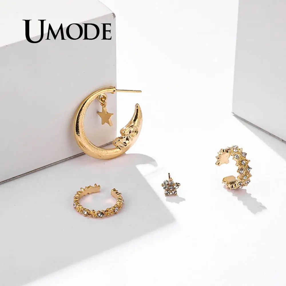 UMODE, Ретро стиль, лунные золотые серьги, набор, для девушек, звезда, обручи, серьги для женщин, шпильки, клипсы, серьги, индийская мода, ювелирное изделие, PE1506