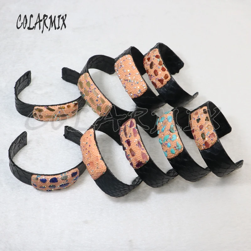 

5 pieces black snakeskin bangle adjustable bangles mix stone paved Champagne color cuff bangles jewelry for women 8067
