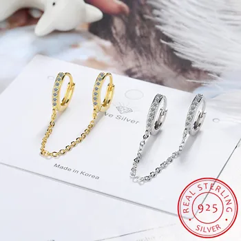 

Solid 925 Sterling Silver Double Earrings Chain Small Round Circle Hoop Tassel Ear Rings Two Ear Holes Helix Piercing SE178