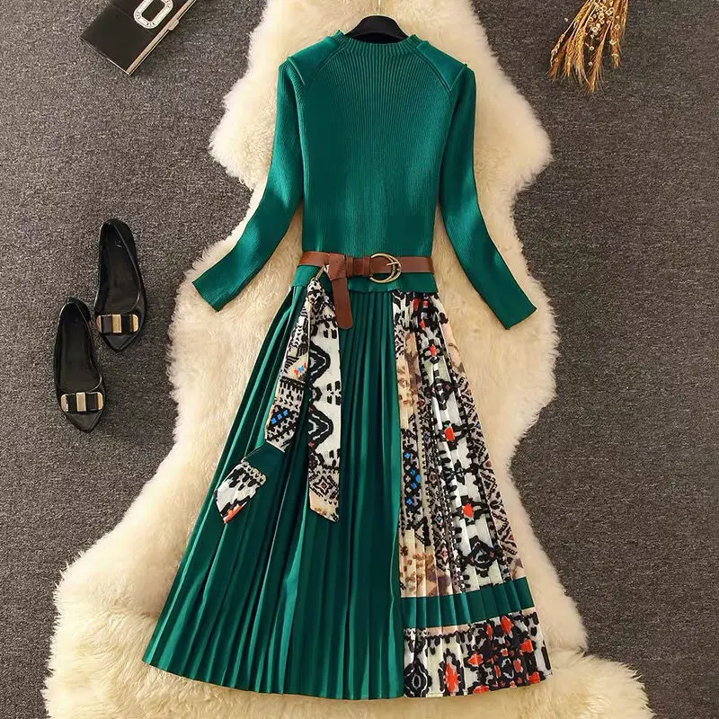 

2020 New Elegant Sweater Dress Autumn Winter Knitted Long Sleeve Women Dress printing Pleated Patchwork Office Casual Long Dress