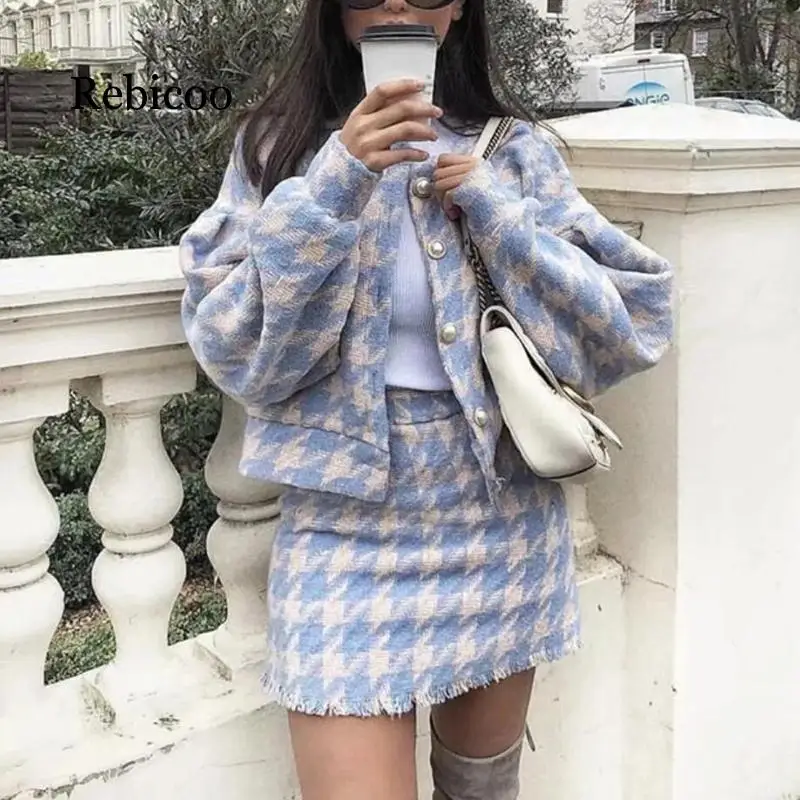 

2019 Women Vintage Skirt Sets Winter Ladies Woolen Tweed Jacket+ Short Skirt Suits Elegant Two Pieces Sets