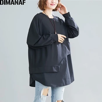 

DIMANAF Plus Size Women T-Shirts Cotton Lady Tops Shirts Basic Loose Long Sleeve Tunic Tees Solid Spliced Black Spring Clothes
