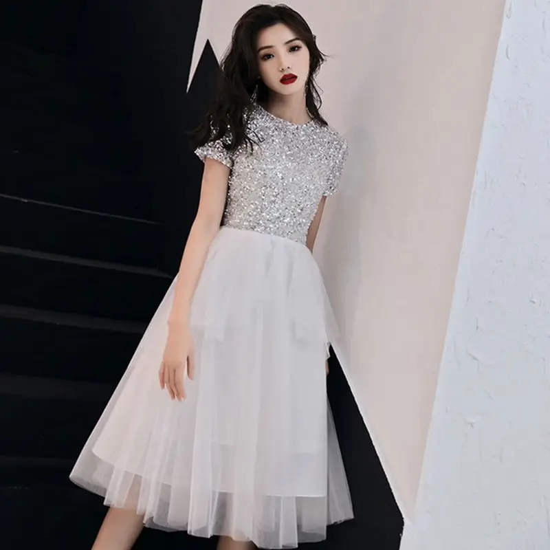 Белый блестки улучшение Cheongsam китайский для женщин Банкетная Одежда сетки пол длина платье платья для женщин Вечеринка Qipao
