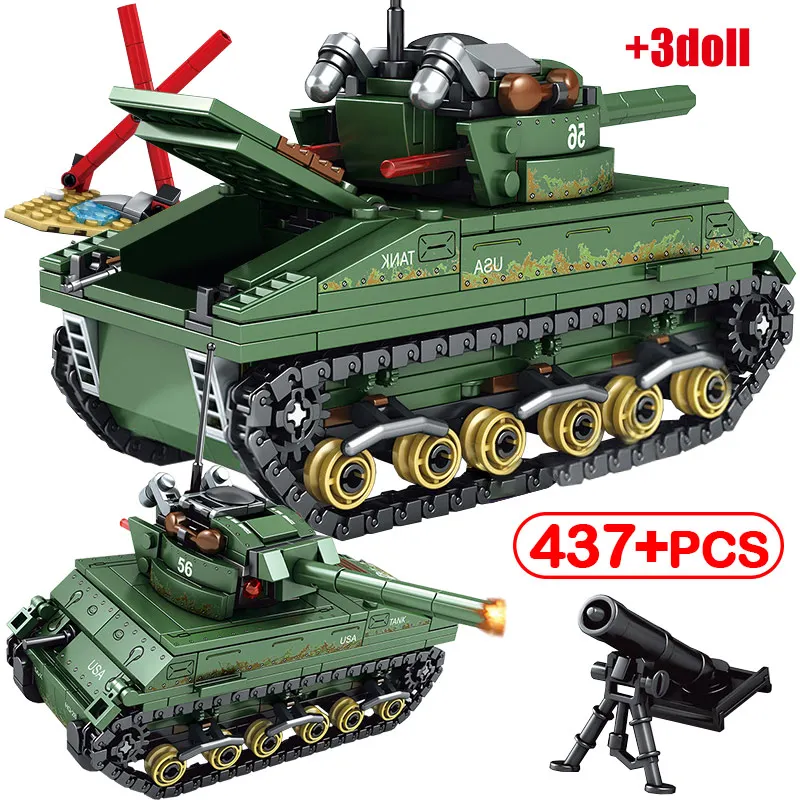 437PCSUSA Sherman M4 Танк строительные блоки техника WW2 Военный Город полицейский солдат