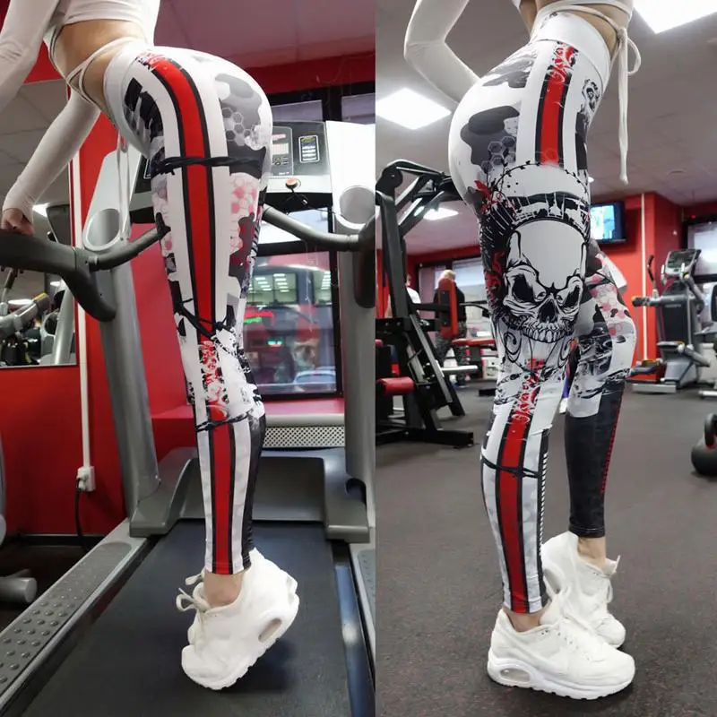 Sports Leggings Women Skull Print Sport Leggings Yoga Pant Female Elastic Quick Dry Leggins Gym Fitness Running Tights