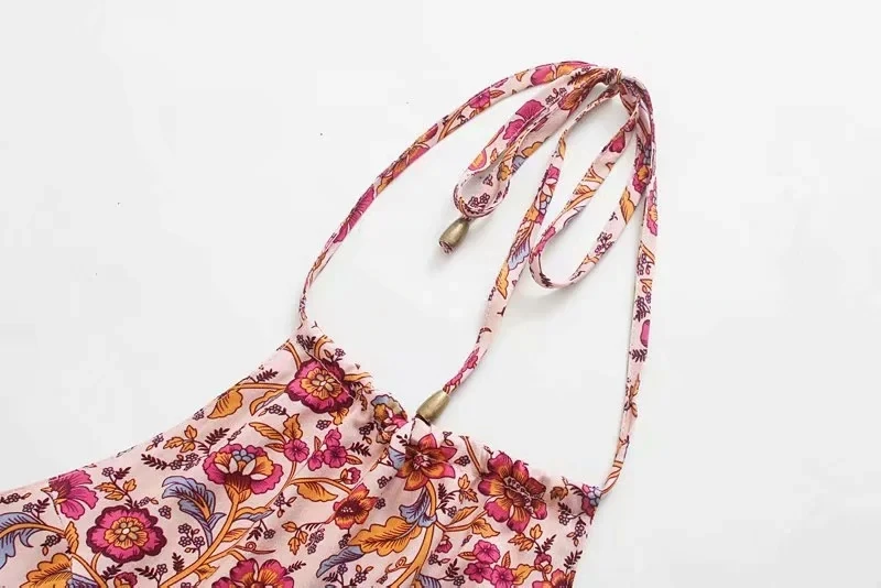 TEELYNN Halter pink Floral print Summer Dresses boho beach Sexy sleeveless backless Mini Dress Women cover up Casual Vestidos