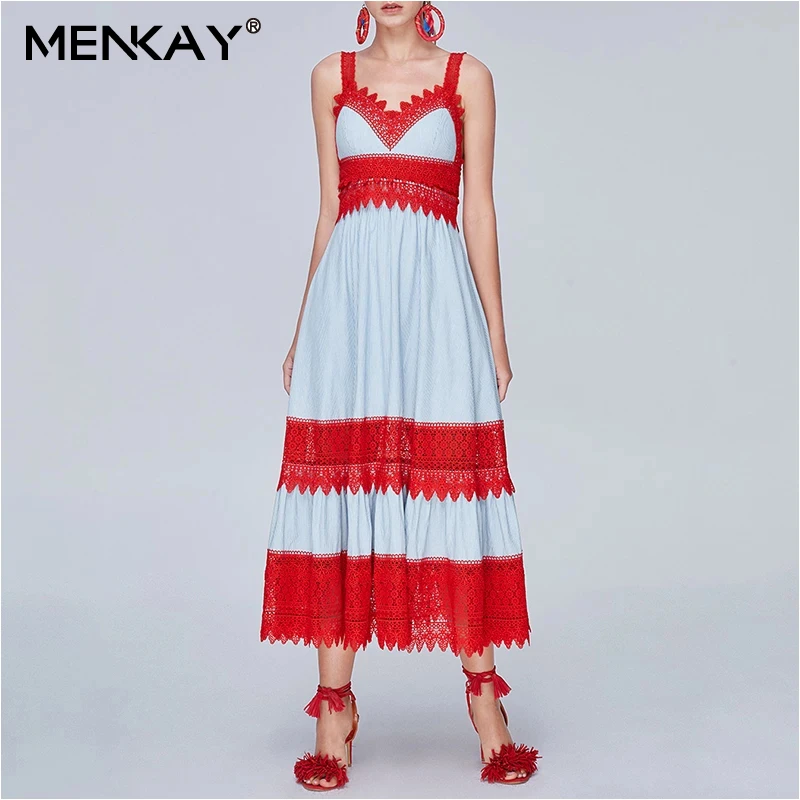 

[MENKAY] Off Shoulder Straps Backless High Waist Sleeveless Lace Patchwork A Line Long Dress Women 2019 Autumn Boho Fashion New
