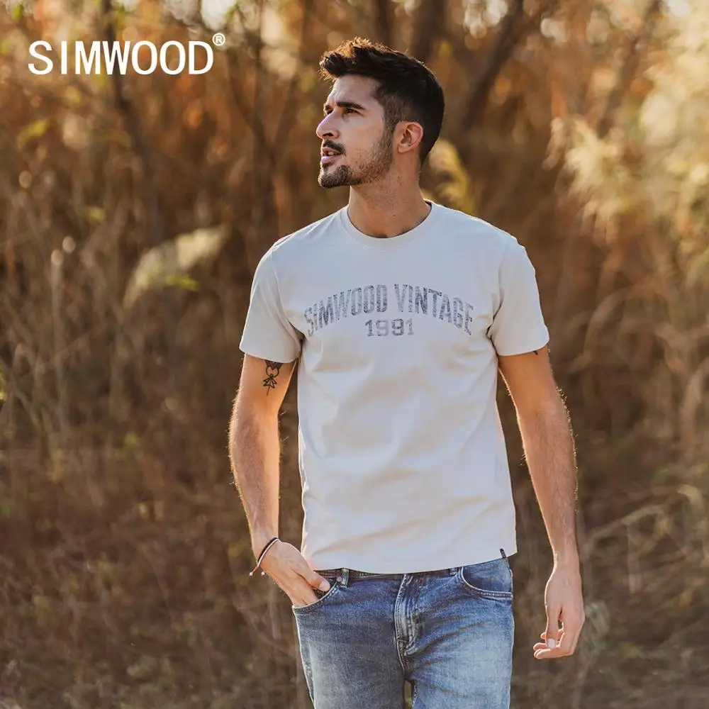 SIMWOOD 2021 Весна Лето Новая футболка мужская с буквенным принтом Повседневная 100%