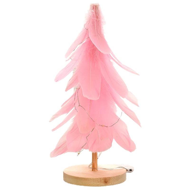 Pink Feather Christmas Tree Desktop Ornament with LED Light Wooden