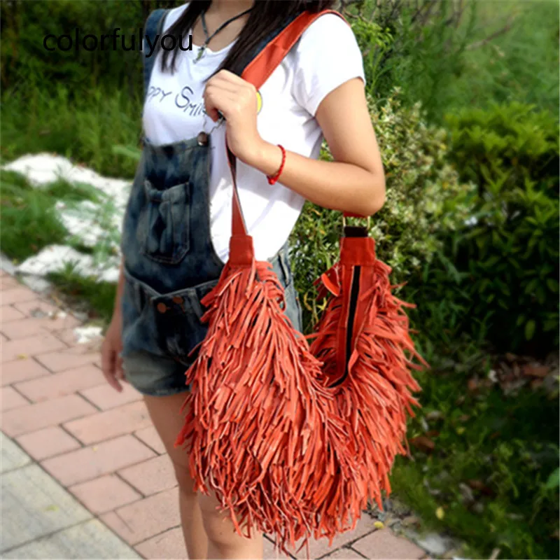 NEW 100% Genuine Leather Tassel Bags Fashion Women Shoulder Bag Fringe  Multicolor Sheepskin Patchwork Handbags Casual Beach Bags