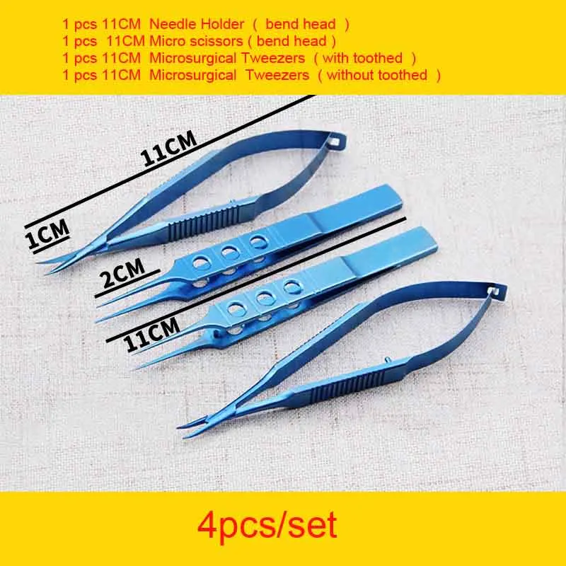 New 11cm Stainless steel ophthalmic microsurgical instruments Needle Holder Micro scissors Tweezers hand surgery 4pcs set 4