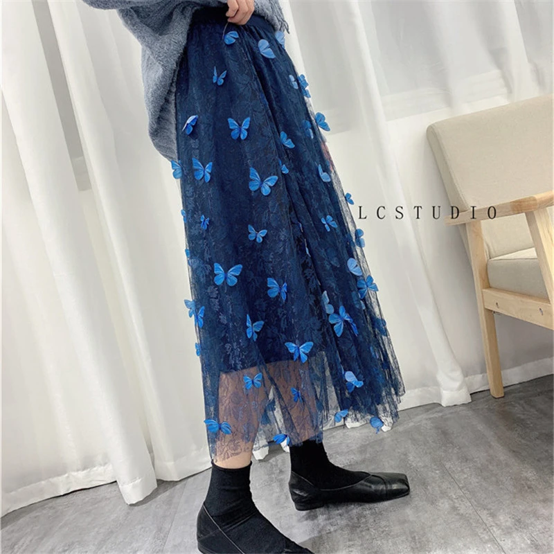 

2020 fall/winter Women's Skirts One-Size Stretch High Waist Mesh Lace Blue Temperament Stitching Bust A-line Skirt Long Skirt
