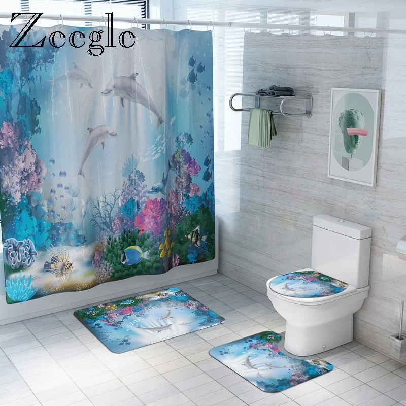 Набор ковриков Zeegle с принтом Ocean World для ванной креативная занавеска туалета и