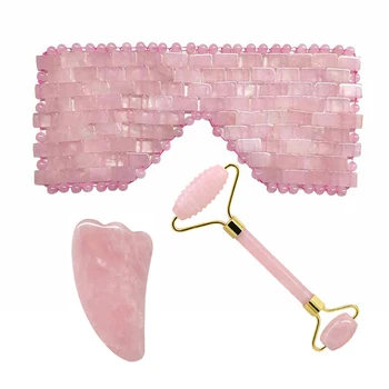 

Natural Rose Quartz Jade Eye Mask Guasha Board Face Massage Roller Set Crystal Stone Cold Therapy Sleep Eye Cover Massage Tool