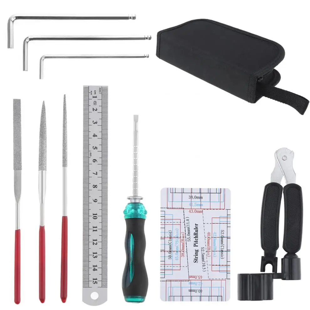 

10pcs Guitar Repairing Maintenance Tools Kit Include Guitar Winder String Cutter Ruler Screwdriver Groove Polishing Set with Bag