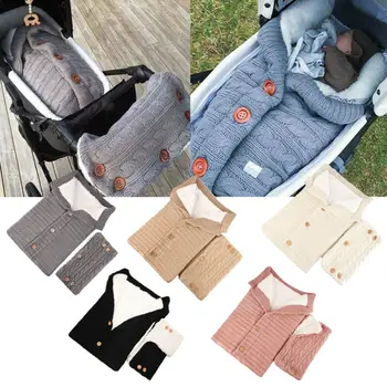 

Newborn Baby Stroller Wrap Sleeping Bags Winter Warm Blanket Knitting Swaddle Wrap Toddler Sleeping Bag +Pram Handrail 2Pcs Set