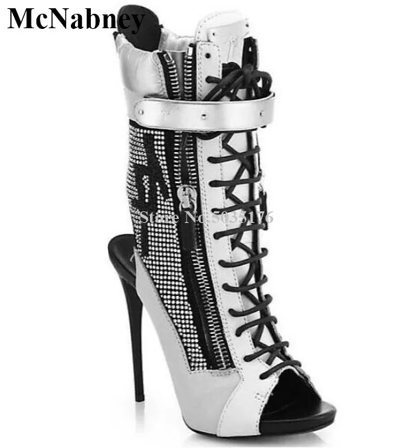 

McNabney Women Short Boots Rhinestone Cross-tied Lace-Up Peep Toe Stiletto Heel Mid-Calf Ladies Boots Fashion Zipper Women Shoes