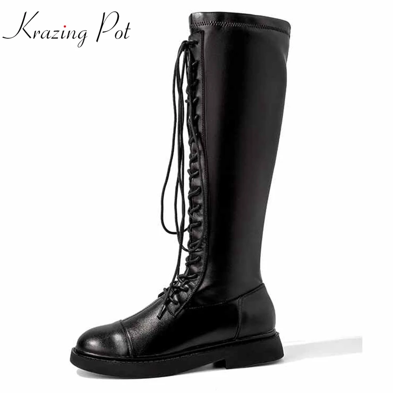 

krazing pot 2019 genuine leather lace up low heels round toe knee-high boots punk rock design lace up model thigh high boots l21