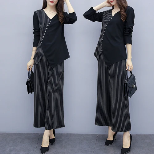 

5x Plus Size Striped Two Piece Set Women 2 Piece Set Top And Pants Office Lady Women's Suit Ensemble Femme Deux Pieces Pant Set