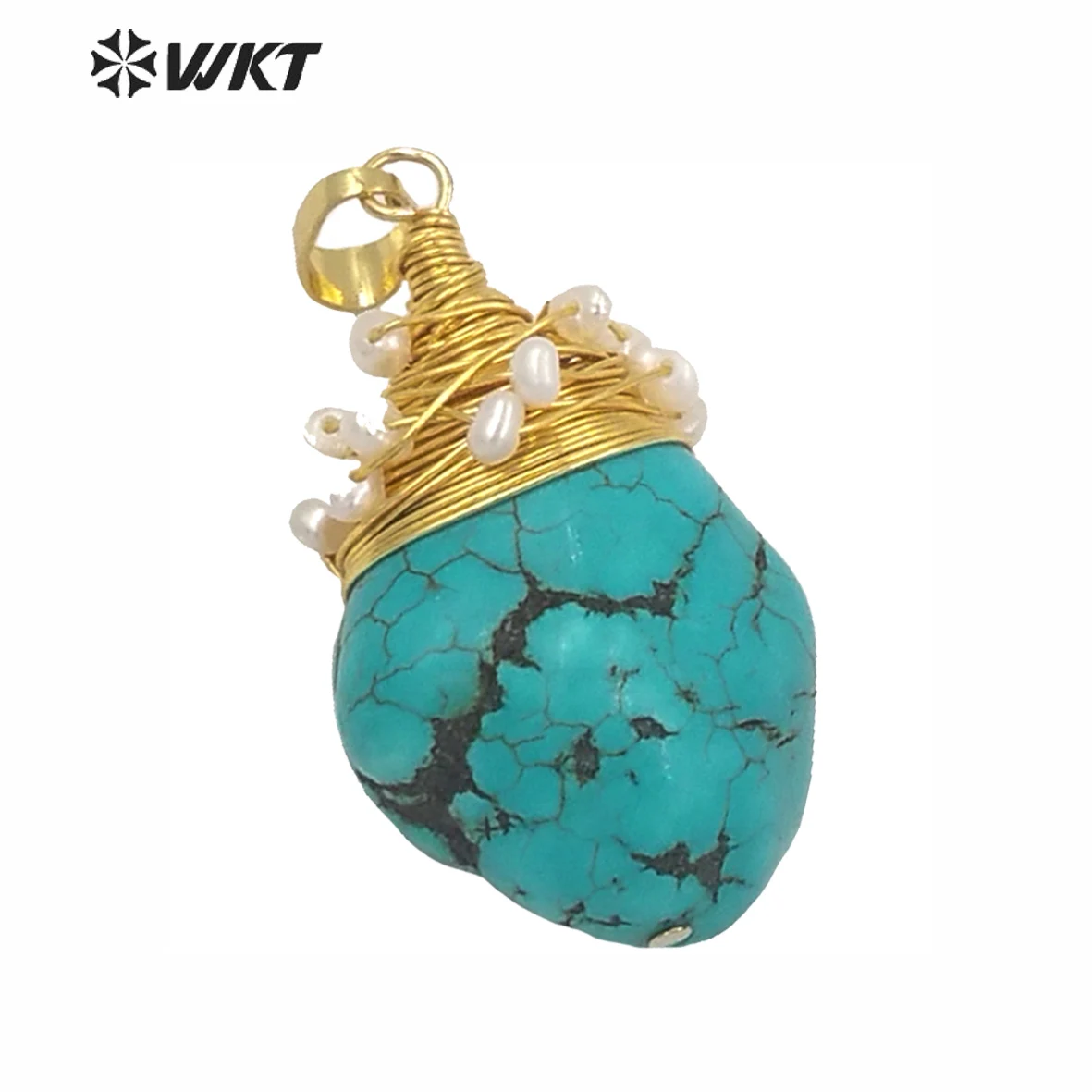

WT-P1444 Natural Turqupises Pendant Raw Howlite Stone With Brass Wire Warpped White Beads Charm Women Necklace Pendant