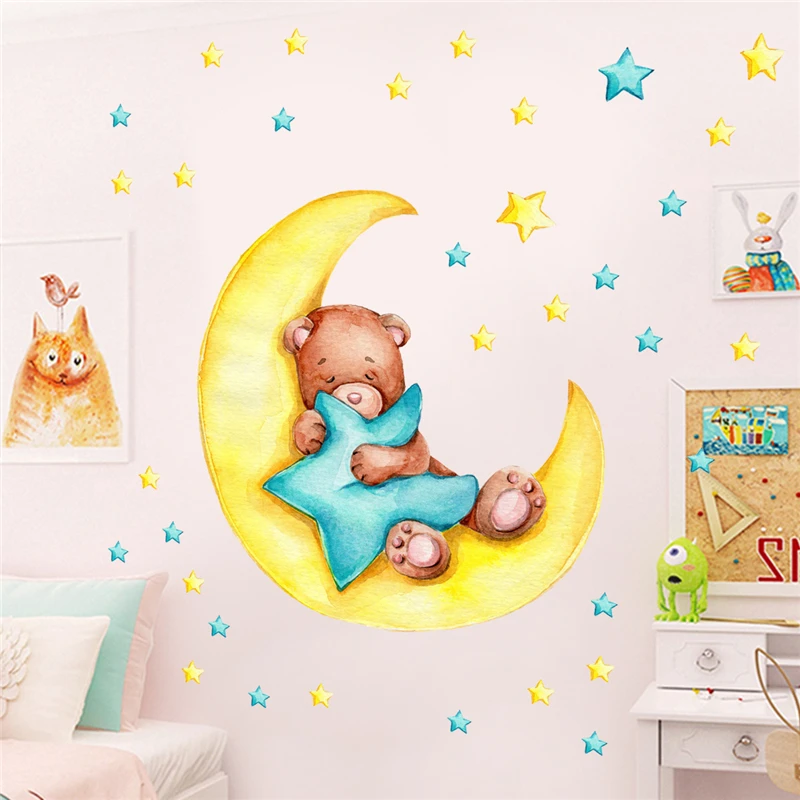 Cartoon Teddy Bear Sleeping on The Moon Wall Stickers for Kids Room Baby Room Decoration Vinyl Wall Decals Room Interior Sticker