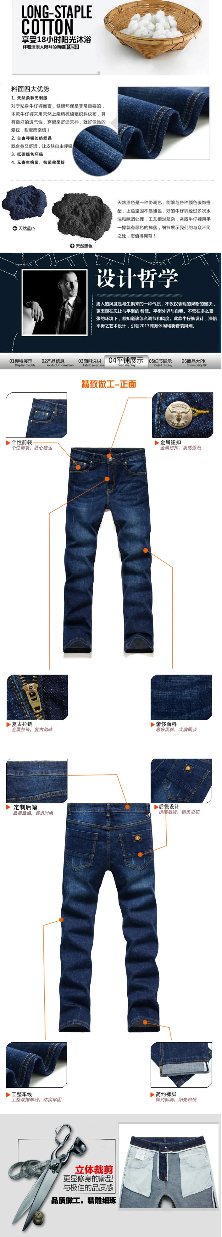 Shoppe Качество Натуральный Хлопок Эластичность Slim Fit джинсы прямого покроя Для мужчин прямые джинсы