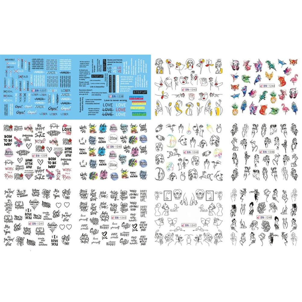 12Patterns/sheet Black Line Coloful Abstract Image Nail Sticker Decals Sexy Girl Water Transfer Slider For Nails DIY Art