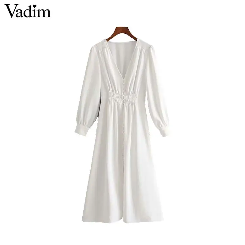 Женское элегантное платье vadim, белое платье миди, v-образный вырез, пуговицы, длинный рукав, женские повседневные трапециевидные платья, офисная одежда, шикарные платья, QC619