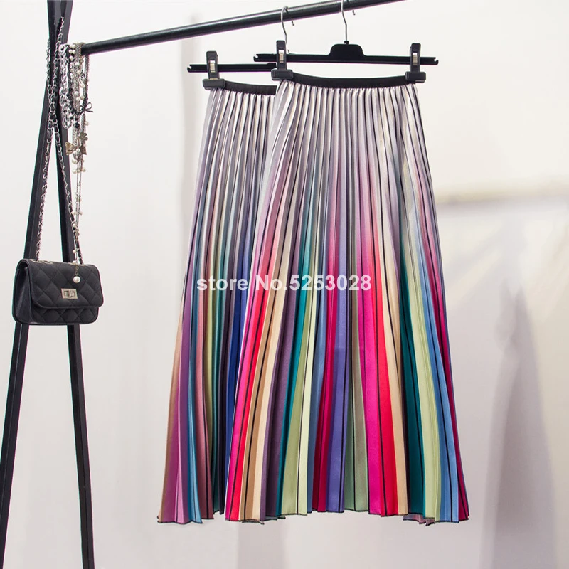Юбки для женщин s эластичная высокая талия A Line миди плиссированная юбка весна лето мода контрастный Градиент Радуга полосатая Женская юбка